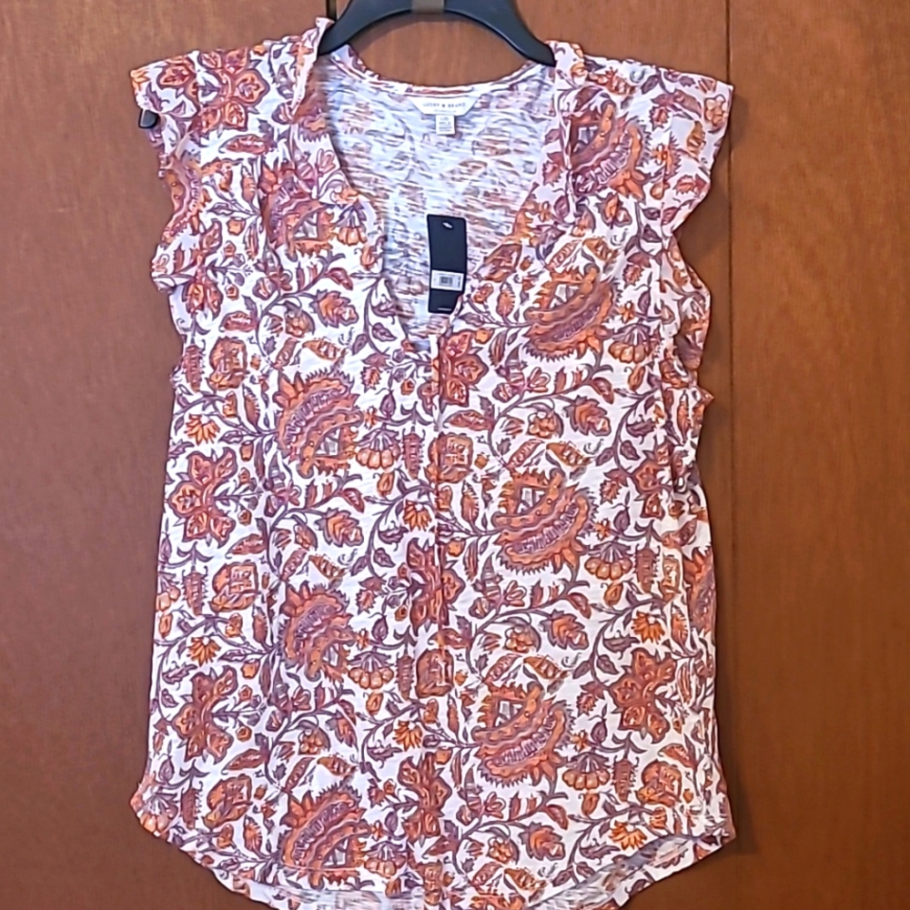 NWT Lucky Brand cream, orange & tan floral print ruffle cap sleeve blouse Sz L